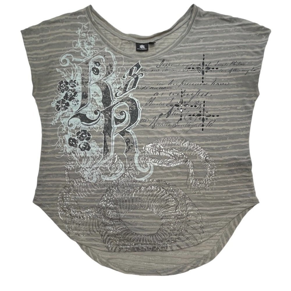 ROCK & REPUBLIC Women's Graphic Pullover Top Medium Grey Beaded‎ Hi-Lo Rockers